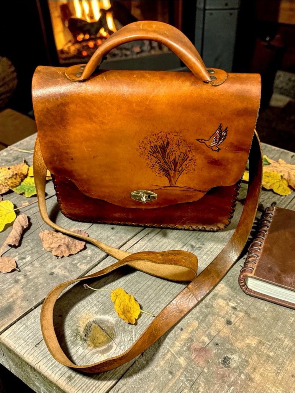 Vintage Hand-Tooled Brown Leather Crossbody with Tree & Bird Detail
